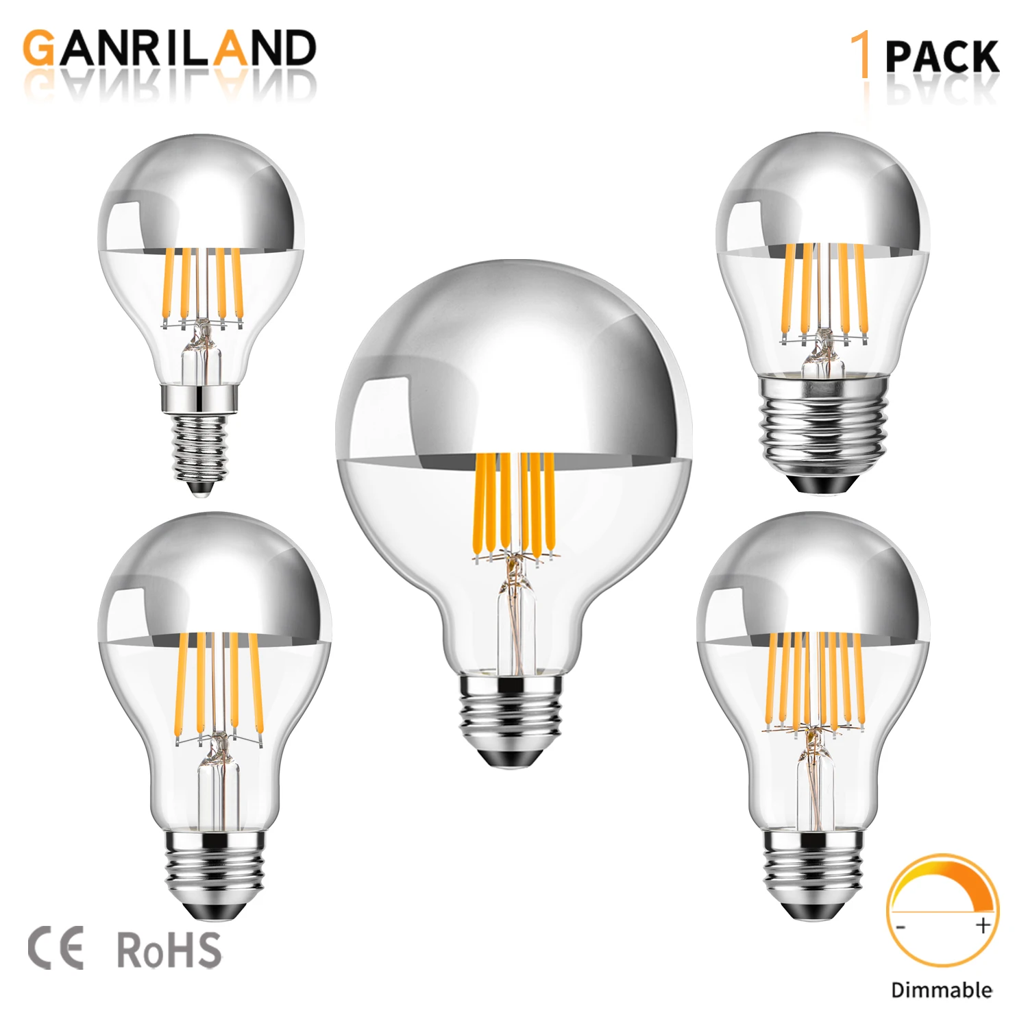 E14 E27 Half Chrome Light Bulb G45 A19 G80 4W 6W 8W 2700K Indoor Silver Bowl Mirror Decorative Dimmable LED Edison Globe Bulbs