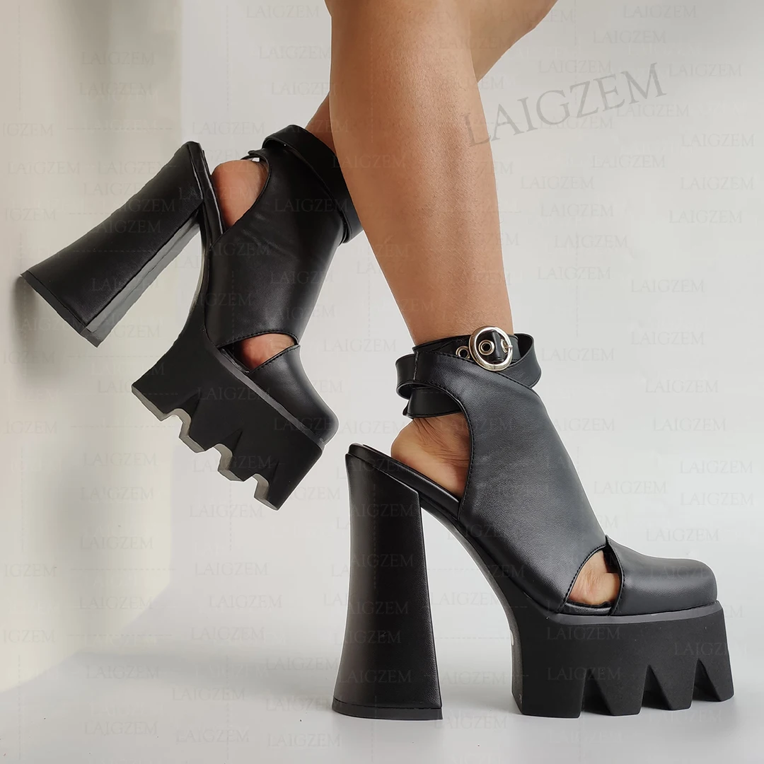 LAIGZEM-zapatos de tacón grueso para mujer, sandalias de piel sintética con hebilla y correas, estilo gótico, talla grande 35, 40 y 43