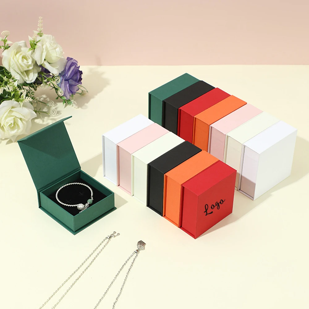 Magnetic Jewelry Gift Boxes 50Pack Small Bracelet Box Custom Logo Beige Cardboard Packaging Case for Necklaces Bracelet Earring