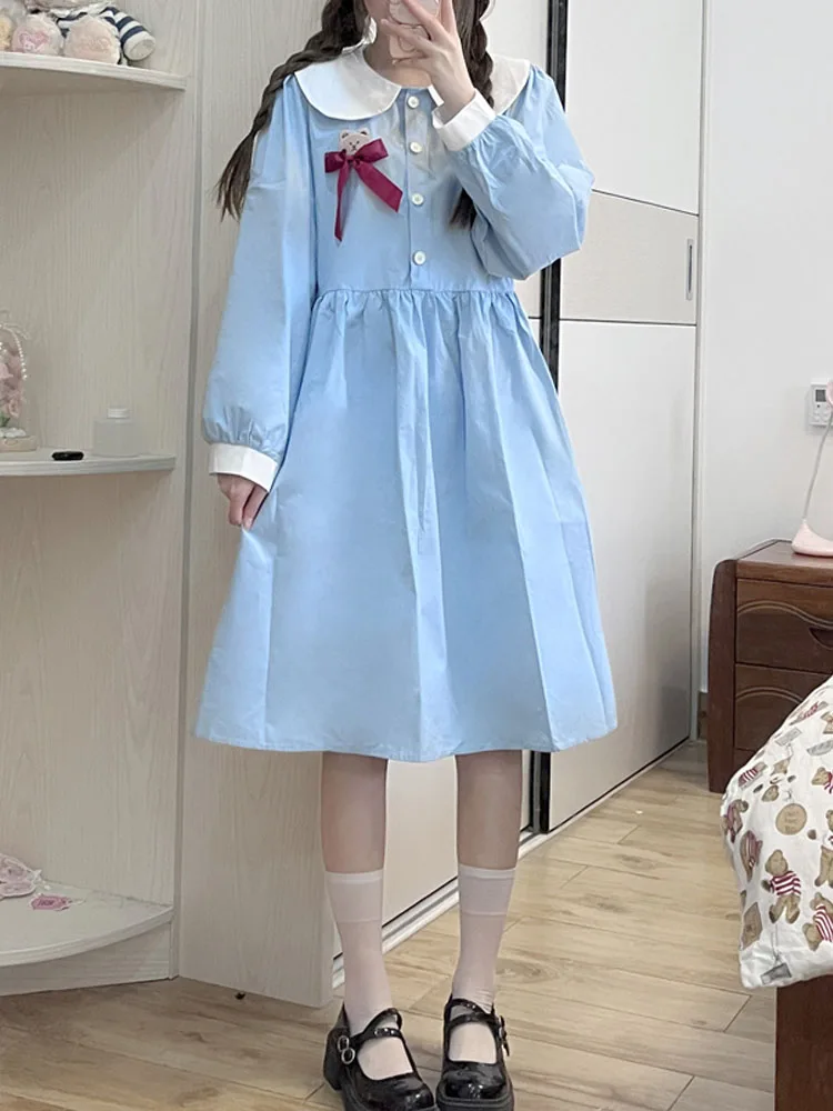 

KIMOKOKM Japanese Kawaii Peter Pan Collar Cute Bear Embroidery Bow Loli Dress Sweet Soft Girl Preppy Style Knee-Length Dresses