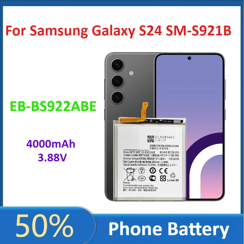 

EB-BS922ABE Аккумулятор для телефона 4000 мАч 3,88 В для Samsung Galaxy S24 SM-S921B Сменный аккумулятор