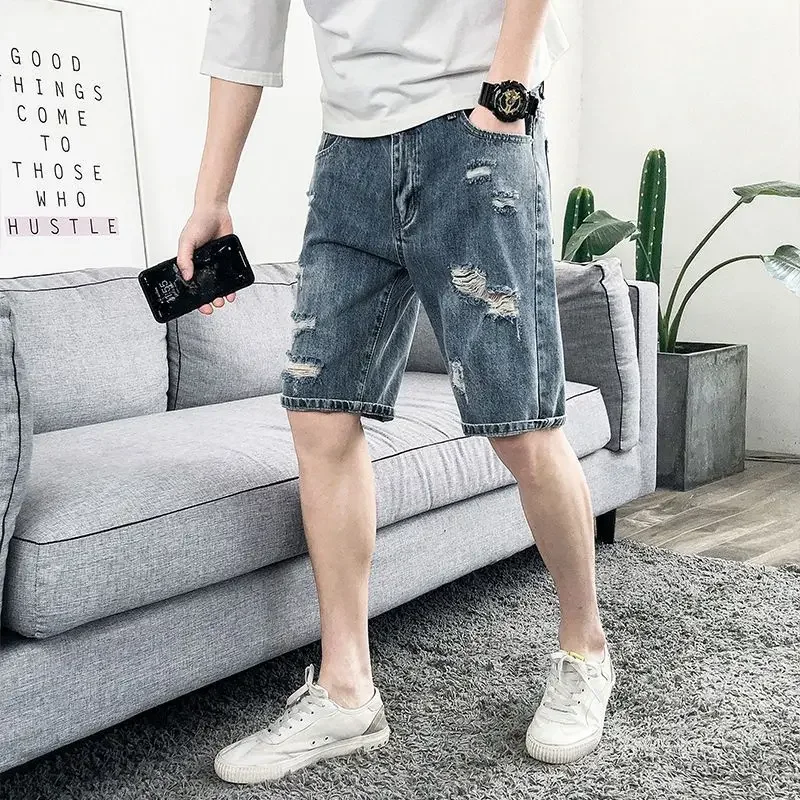 

Slim Long with Pockets Male Denim Shorts Men's Short Jeans Pants Skinny Half Bermuda Ripped Streetwear Designer Vintage Blue Emo