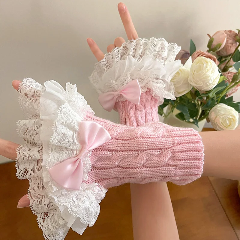 Lolita Bowknot Fake Sleeve for Women Girls Knitted Lace Ruffles Cuffs False Sleeves Gothic Fingerless Detachable Wrist Warmer