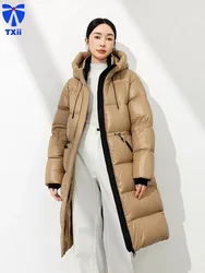 TXii New Winter Warm Women's 90 Duck Down Down Jacket High-end Long Hooded Waist Design 2024 New Loose Warm Casual Parka Coat