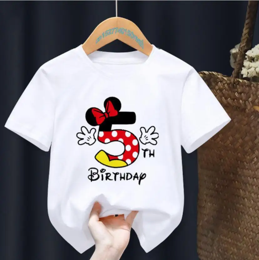 Birthday Number Print Disney 2024 New Kids T-Shirt Cute Cartoon Summer Cotton Short Sleeve Comfortable High Quality Top Fashion