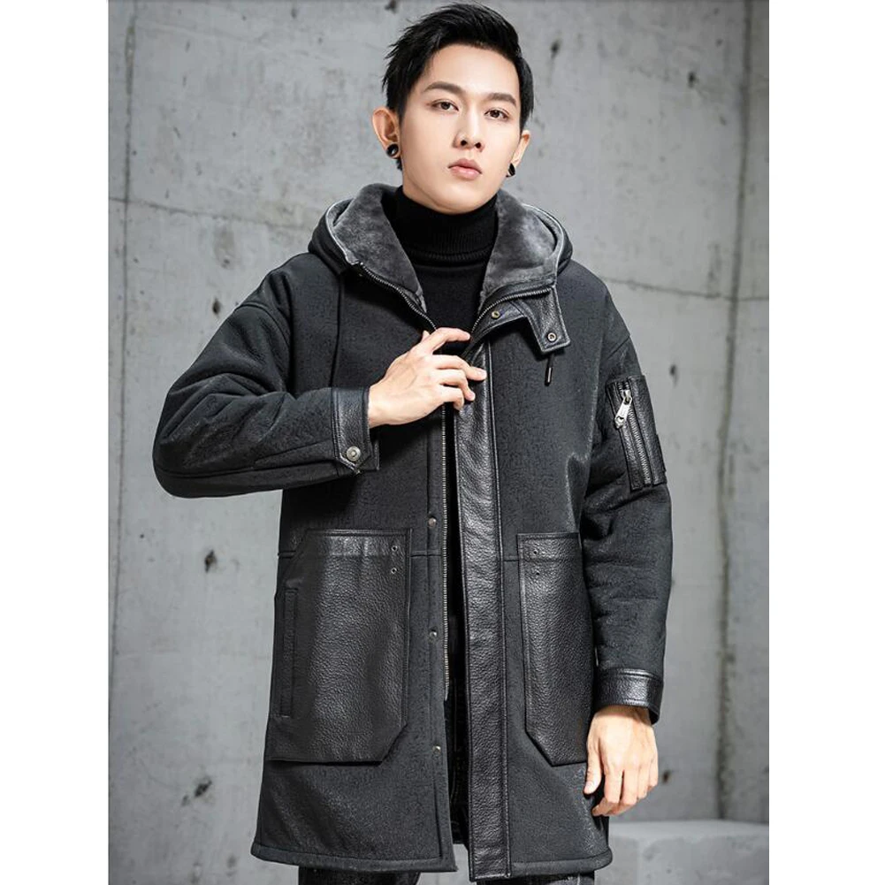 Denny&Dora Men's Shearling Jacket - Black Natural Shearling - Cold Weather - Sheepskin Hooded Leather