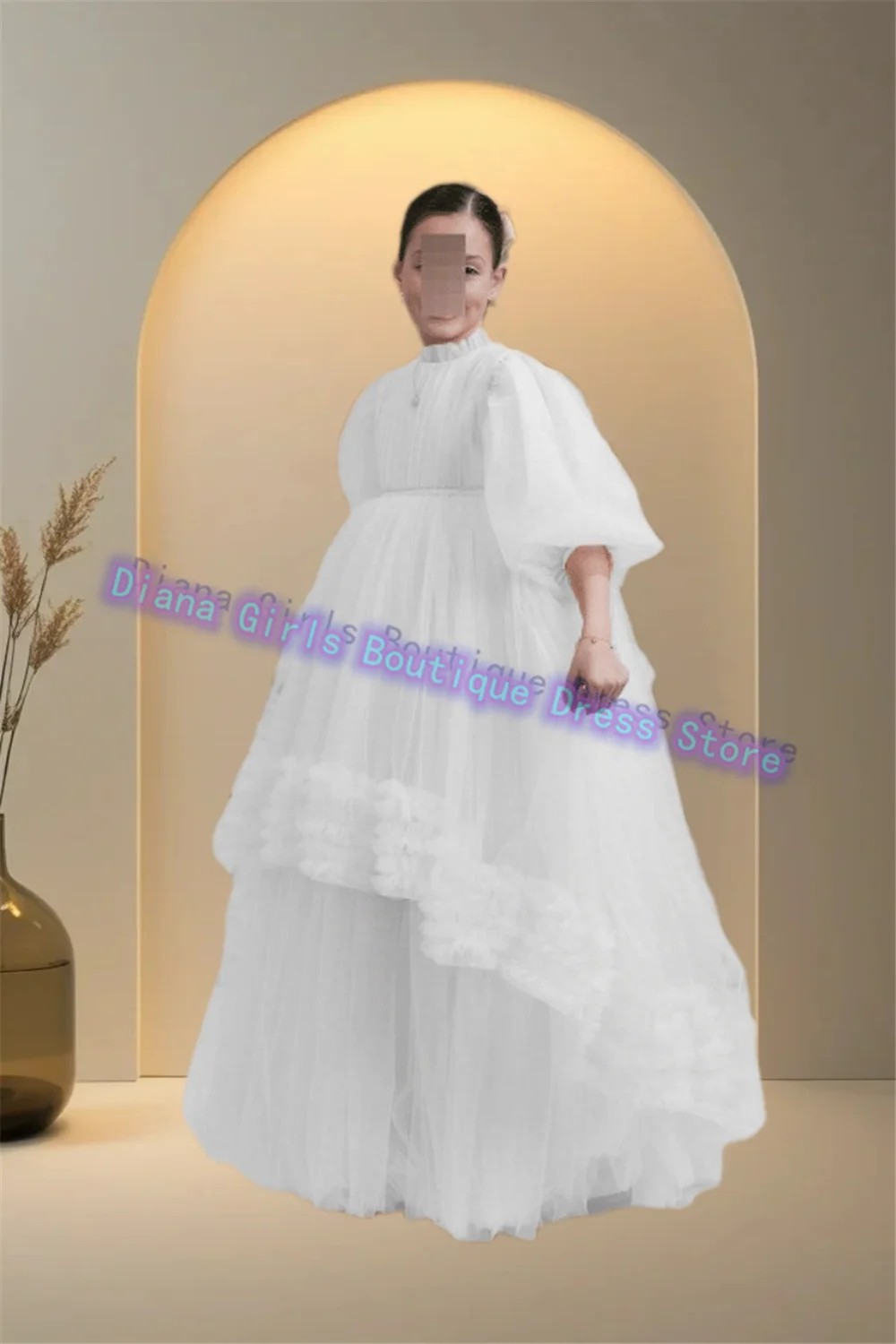 

Elegant White Tulle Fluffy Fluffy Flower Girl Dress Baptism for Little Princess Wedding Ball Birthday Party Evening Gowns