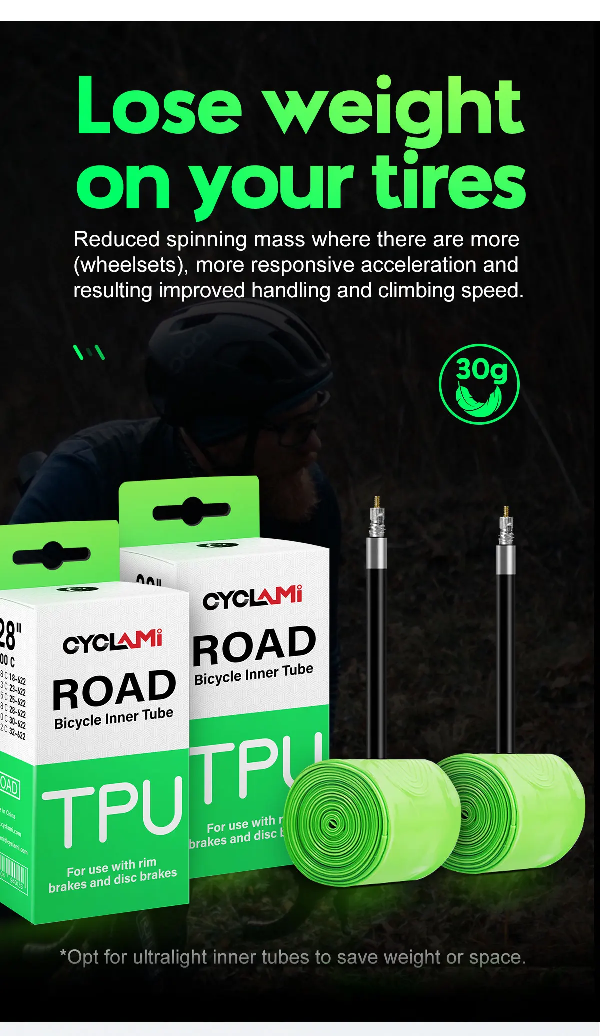 CYCLAMI Ultraleichter 30g Fahrradschlauch aus TPU-Material 700C 18-32 Rennradreifen 45mm 65mm 85mm Länge Französisches Ventil – Detail 5