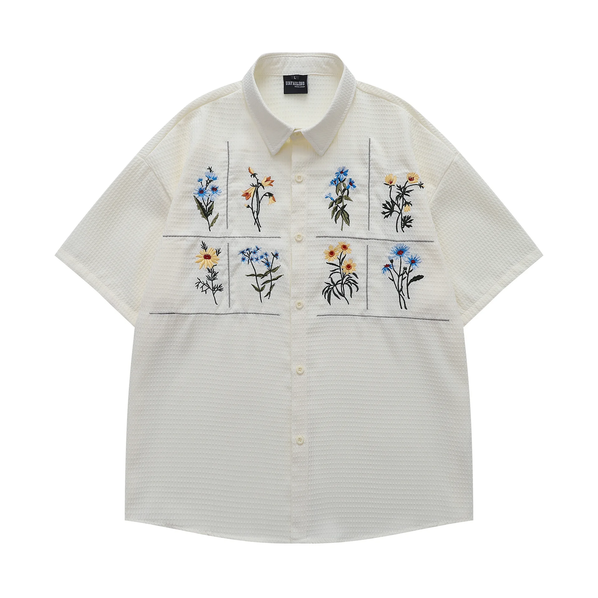 Retro Floral Embroidery Short Sleeve Checked Shirt Mens Summer Retro Casual Waffle Lapel Single Breasted Lapel Plaid Shirts Tops