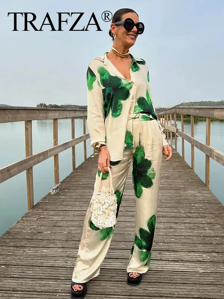 TRAFZA 2024 Summer Female Elegant Floral Print 2 Piece Suit Long Sleeves Lapel Blouse+Drawstring Wide Leg Pants Causal Outfit