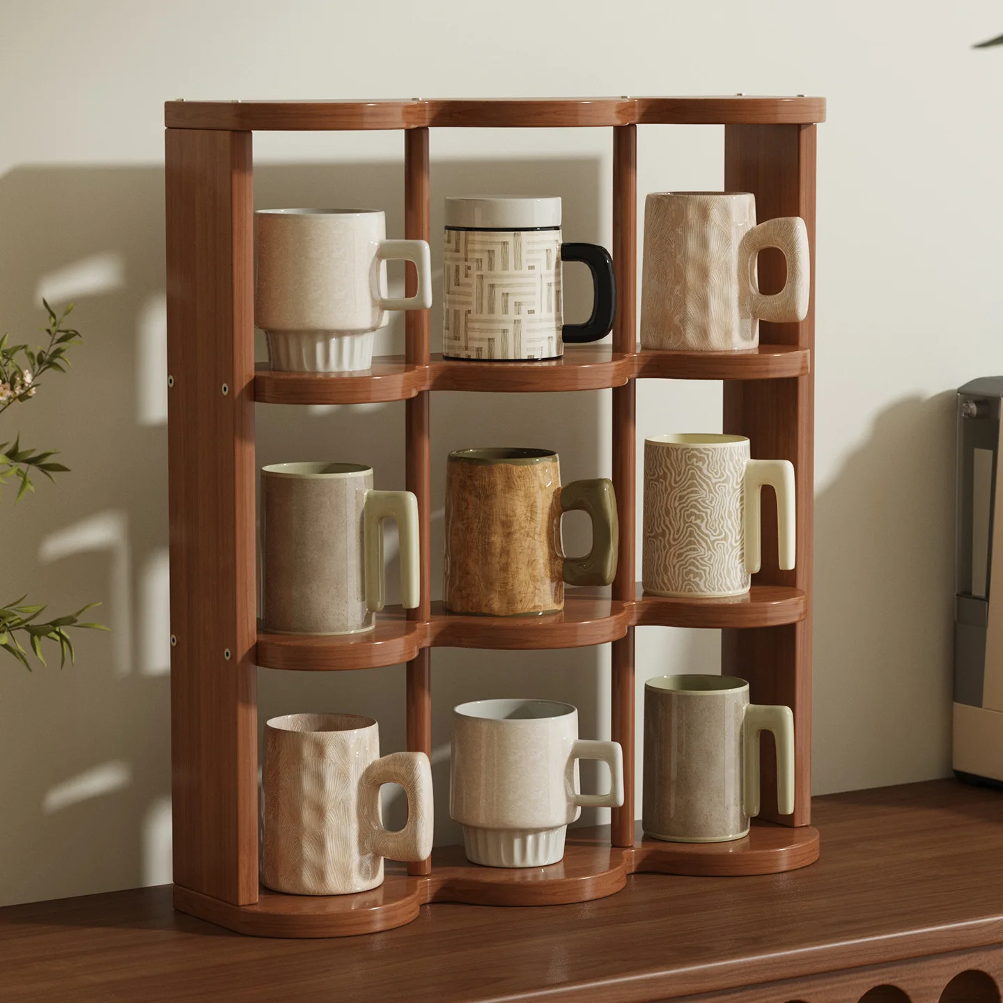 Wood Multi-layer Cup Holder Mug Teacup Storage Rack Ornament Display Shelf  Multi-purpose Jiugongge Shelf Organizer Kitchen Rack