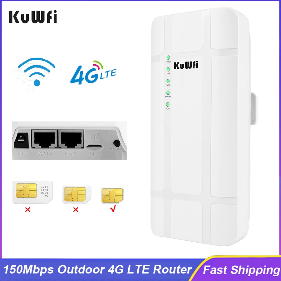 KuWFi 150Mbps Outdoor 4G LTE Router Wireless Wi-Fi CPE Router CAT4 with 24V POE Adapter RJ45 WAN LAN Port for IP Camera