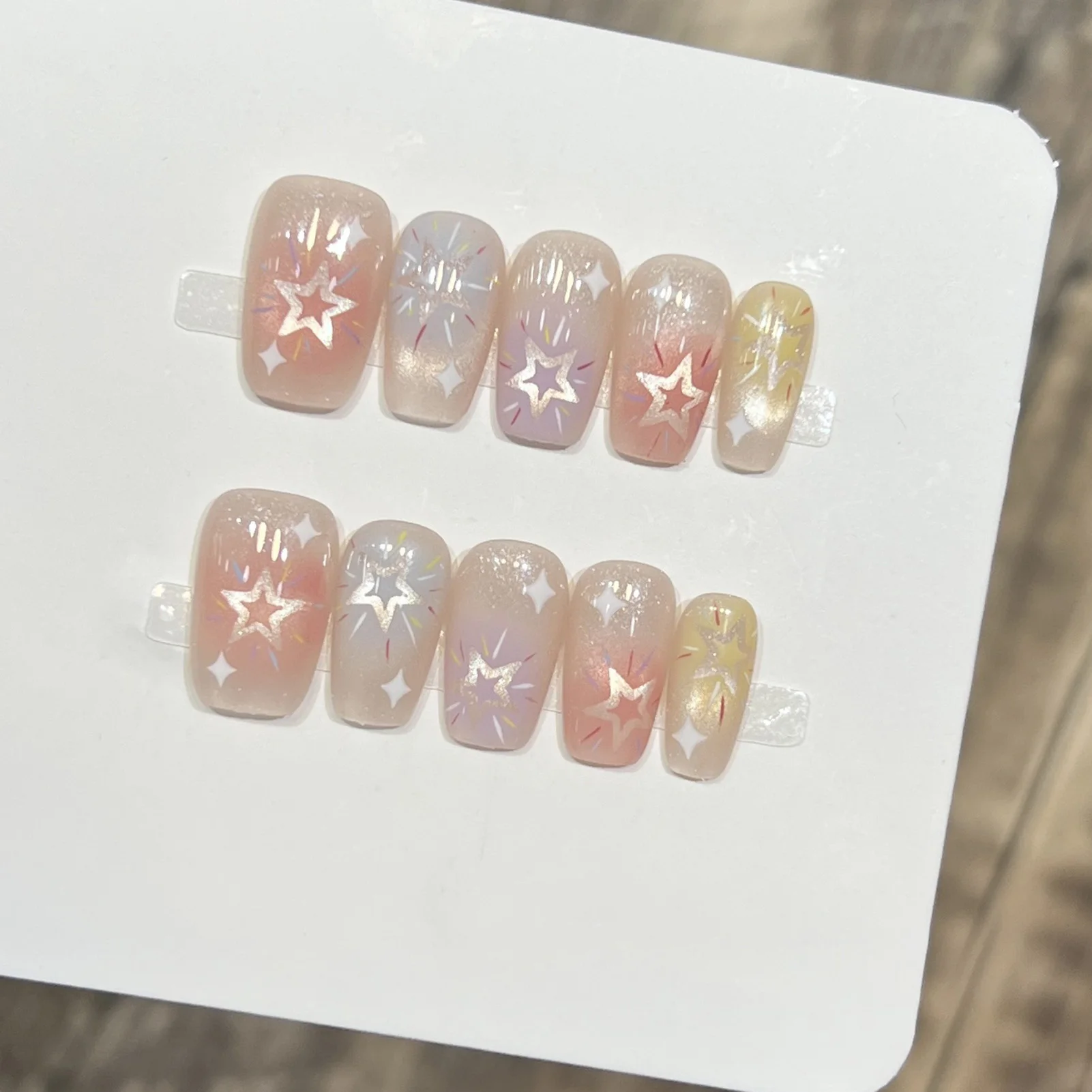 10PCS Square Glossy Press on Nails with Starlight Cat Eyes Natural-looking Colorful Handmade False Nails for Women