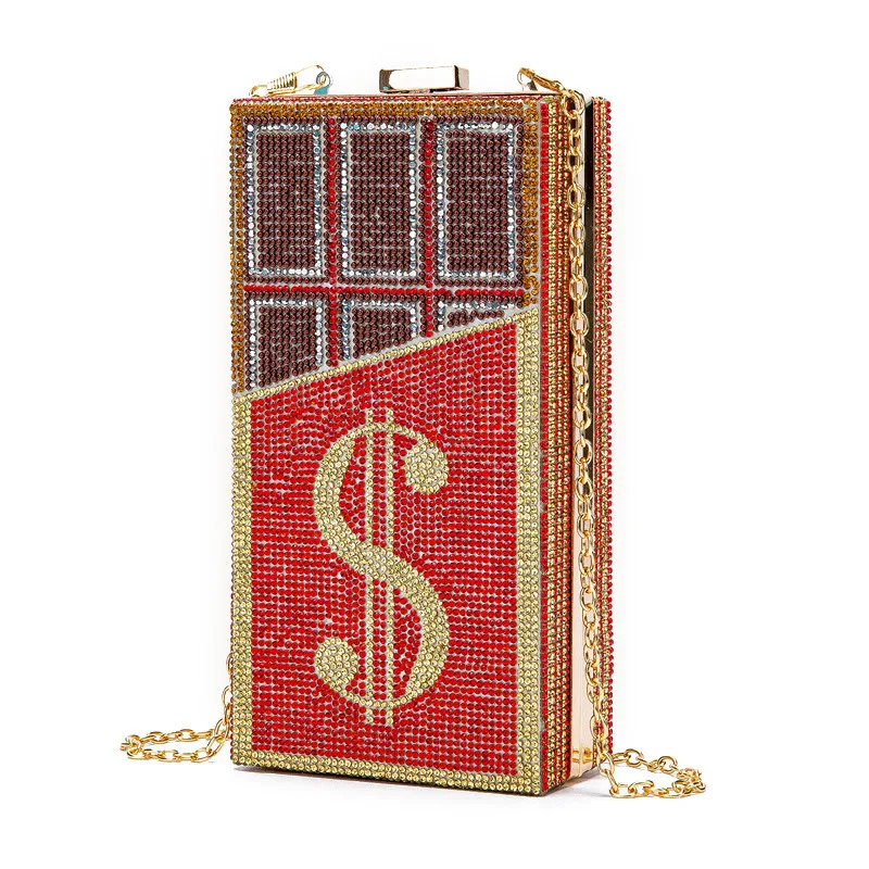 Diamond Encrusted Chocolate Dollar Dinner Bag Ladies Clutch Dollar Chain Clutch Bag Carteras Para Mujer Sac De Marque Luxe Femme