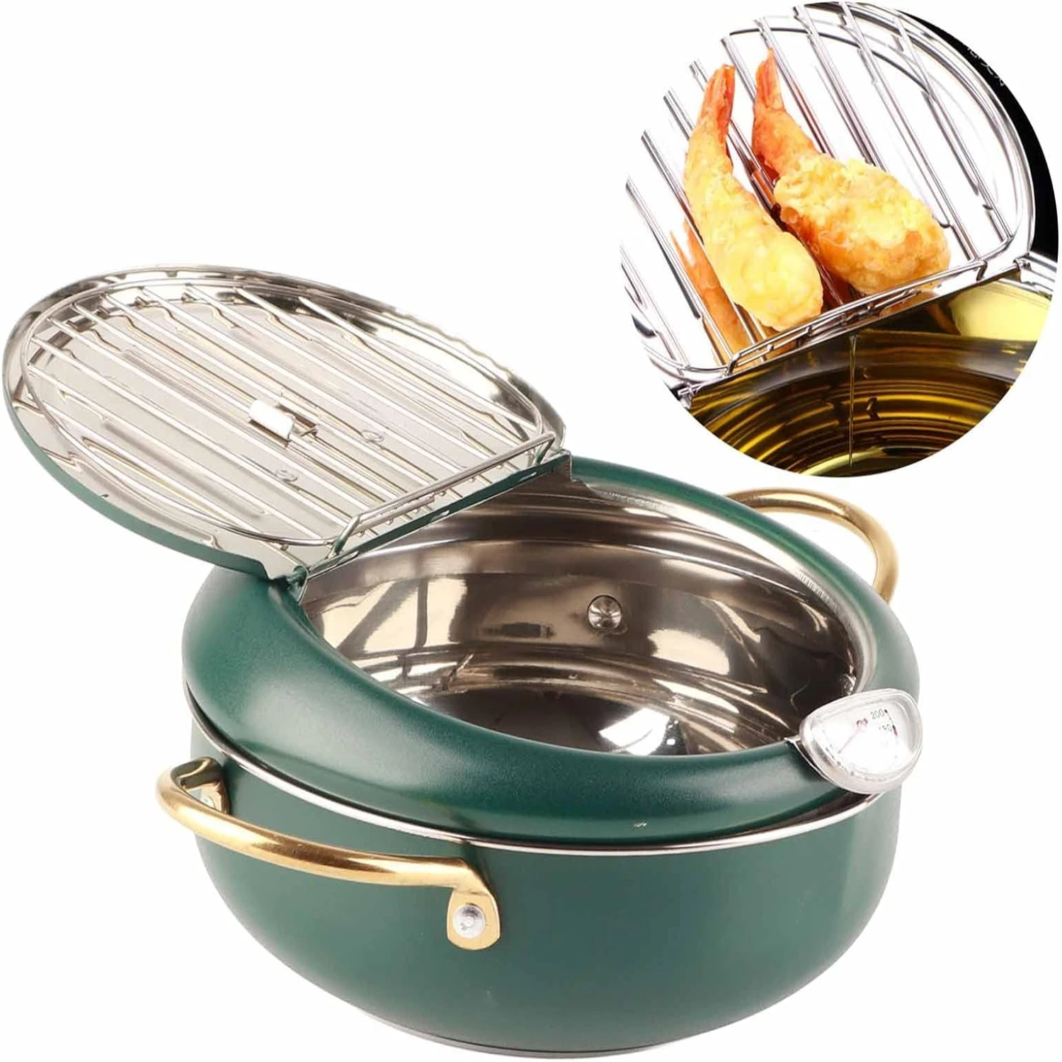 Compact Stainless Steel Japanese Deep Fryer Pot with Thermometer for Precise Cooking, Small 2.2 Liter Green Tempura Deep Fat Fry