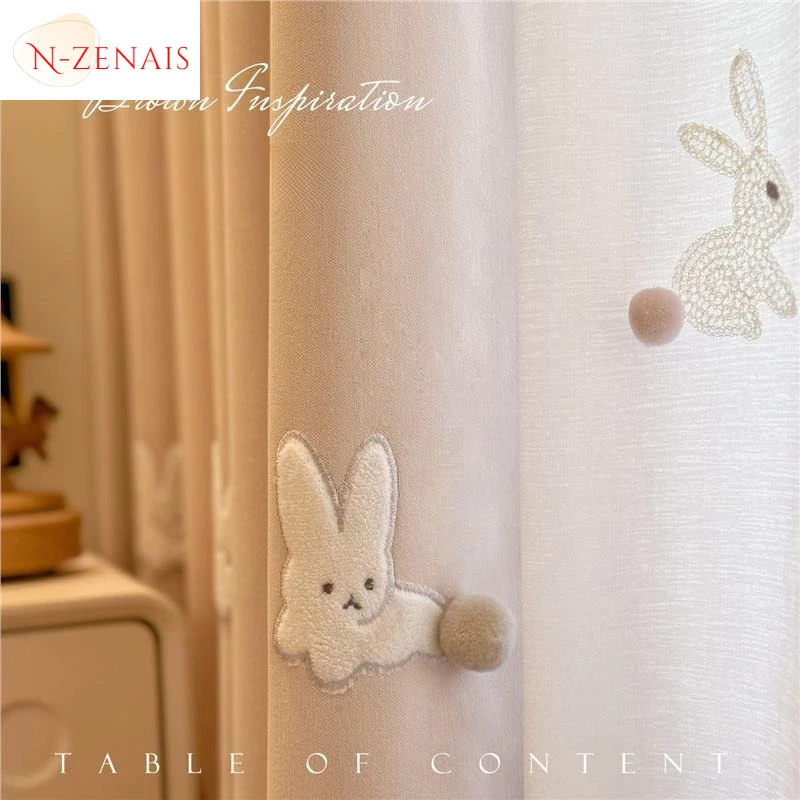 Cute Rabbit Children's Room Fur Ball Embroidery Cartoon Princess Daughter's Room Light Pink Chenille Curtains Cream Style