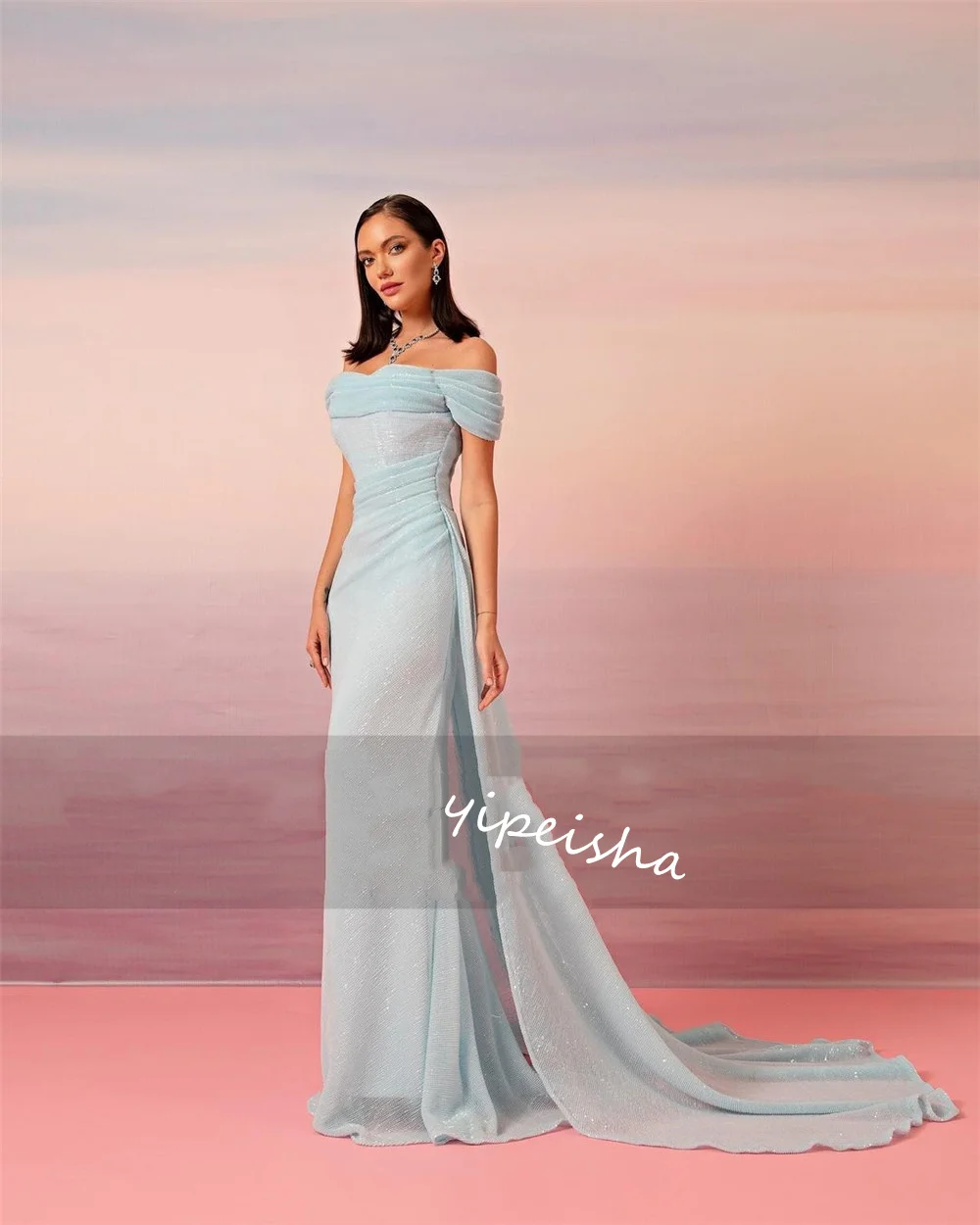 Evening Jersey Draped Graduation A-line Off-the-shoulder Bespoke Occasion Gown Long Dresses Saudi Arabia