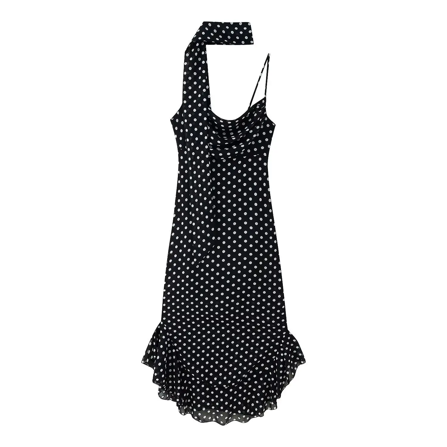 

Women Summer Spaghetti Strap Dress Casual Dot Print Ruffle Party Dress and Scarf for Vacation Beach Streetwear