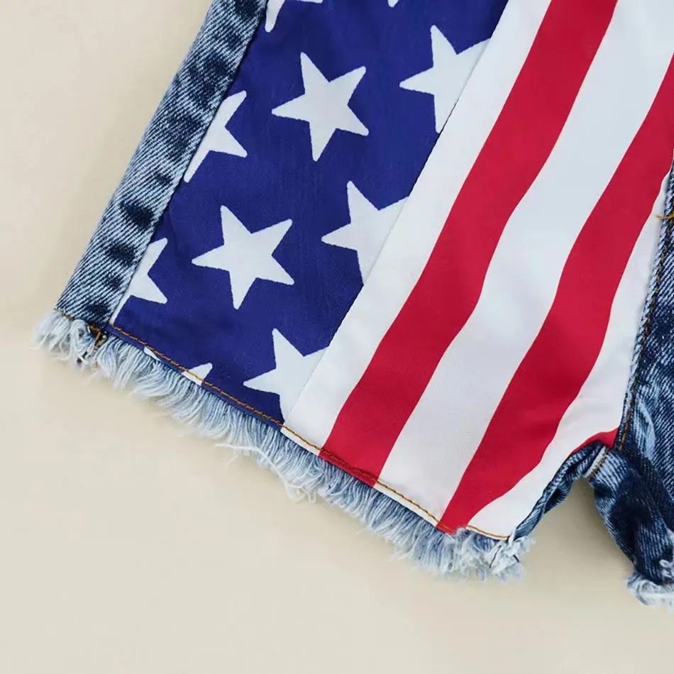Girls Denim Children Set American Flag Shorts with Cowboy Strap Top Trendy 2Pcs Outfit for Summer Celebrations Independence Day image 3