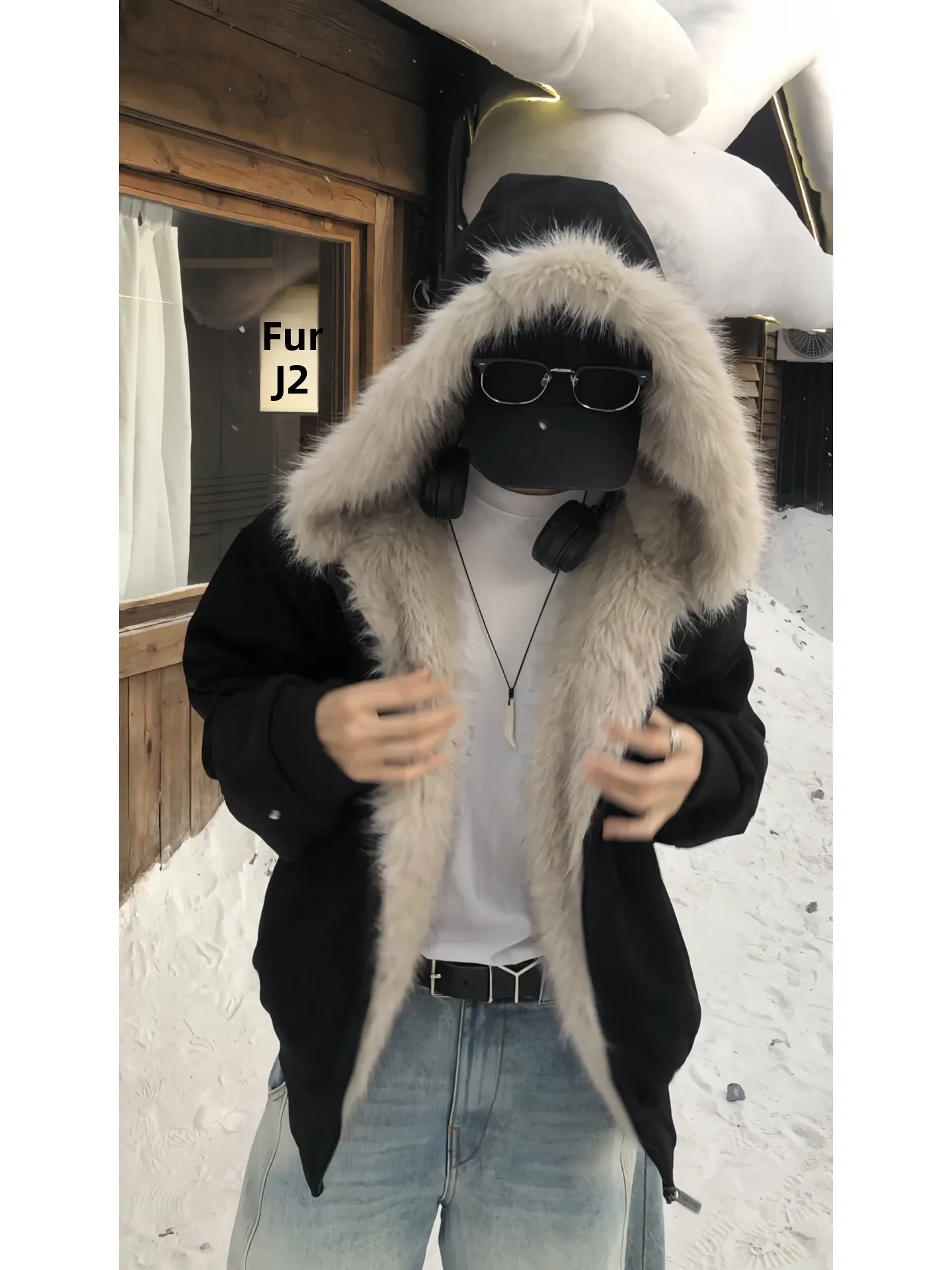 

Cleanfit Men's Thiened Warm Cotton Jaet Lamb Fur Collar Hat Rabbit Fur Simulation Autumn Winter Coat Casual Faion