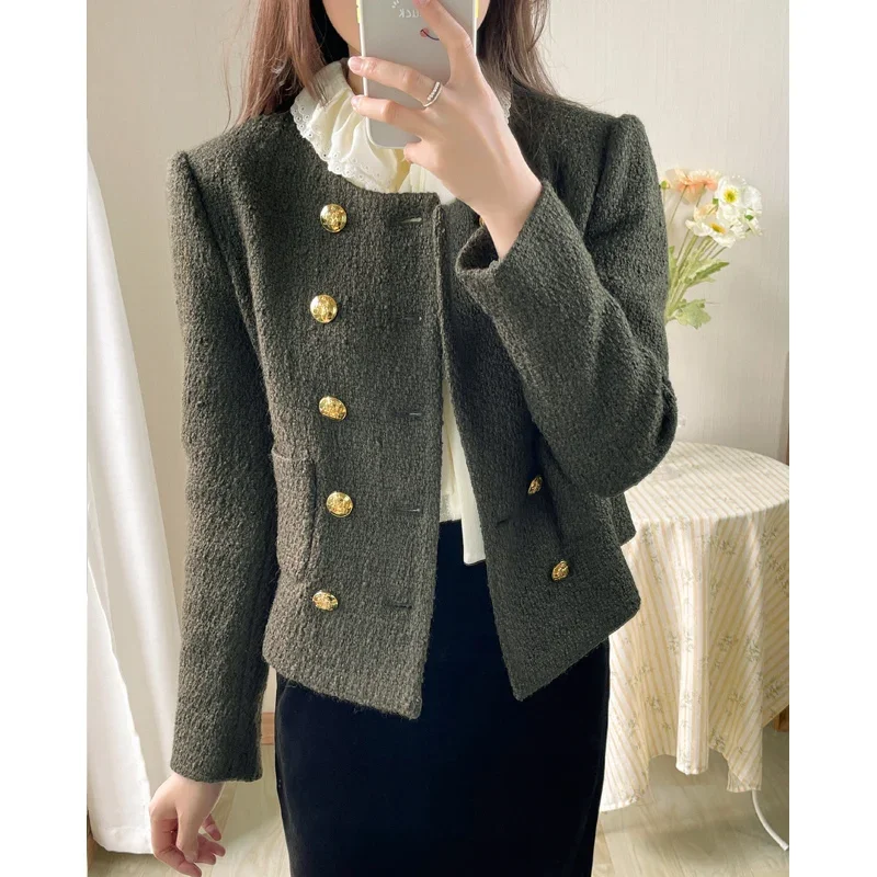 

New high end army green tweed coat wool woolen cloth little suit female long sleeve cardigan sweet wind