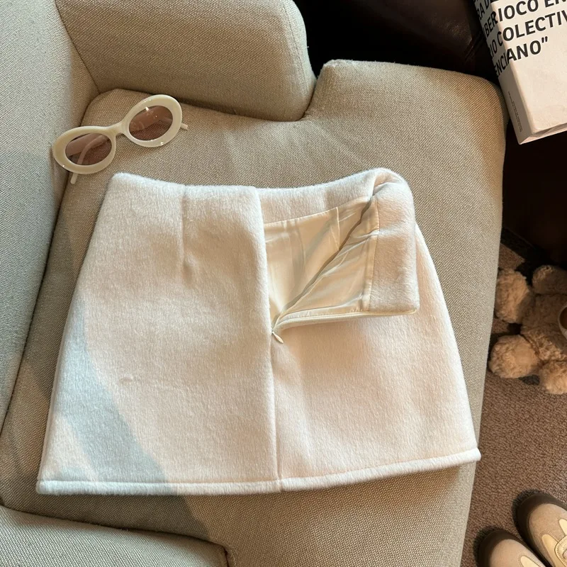 

Белая шерстяная юбка А-силуэта женская осенне-зимняя с высокой талией, укороченная, облегающая, сексуальная, для девушек, с защитой от просвечивания