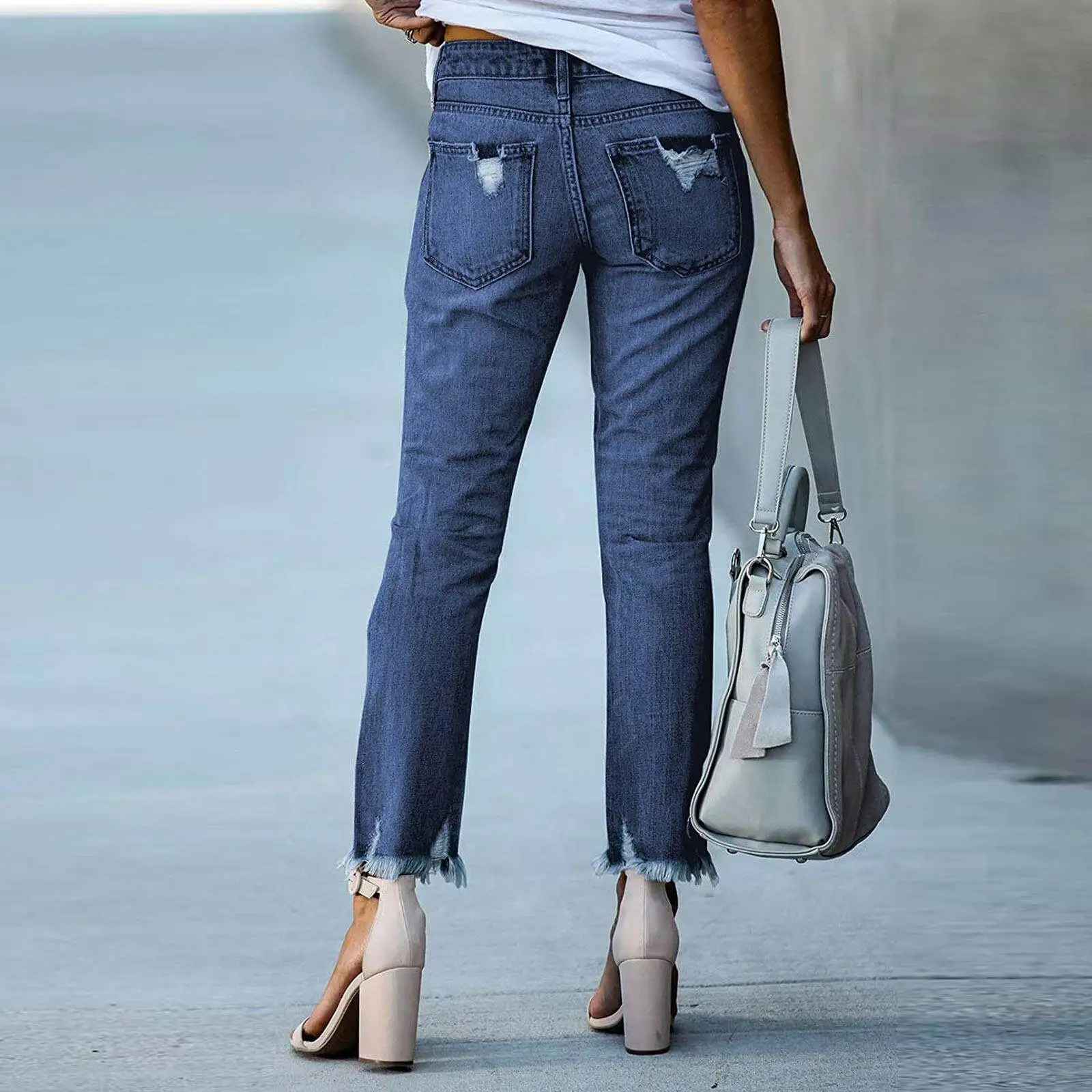 Women's Pure Color Denim Jeans Hole Design High Waist Straight Leg Stretchy Versatile Trousers Autumn Long Pants Seven Sleeve view 4