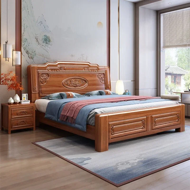 Golden rosewood solid wood bed 1.8 meters Master bedroom double engraved 1.5 meters bed Pineapple lattice wood bed