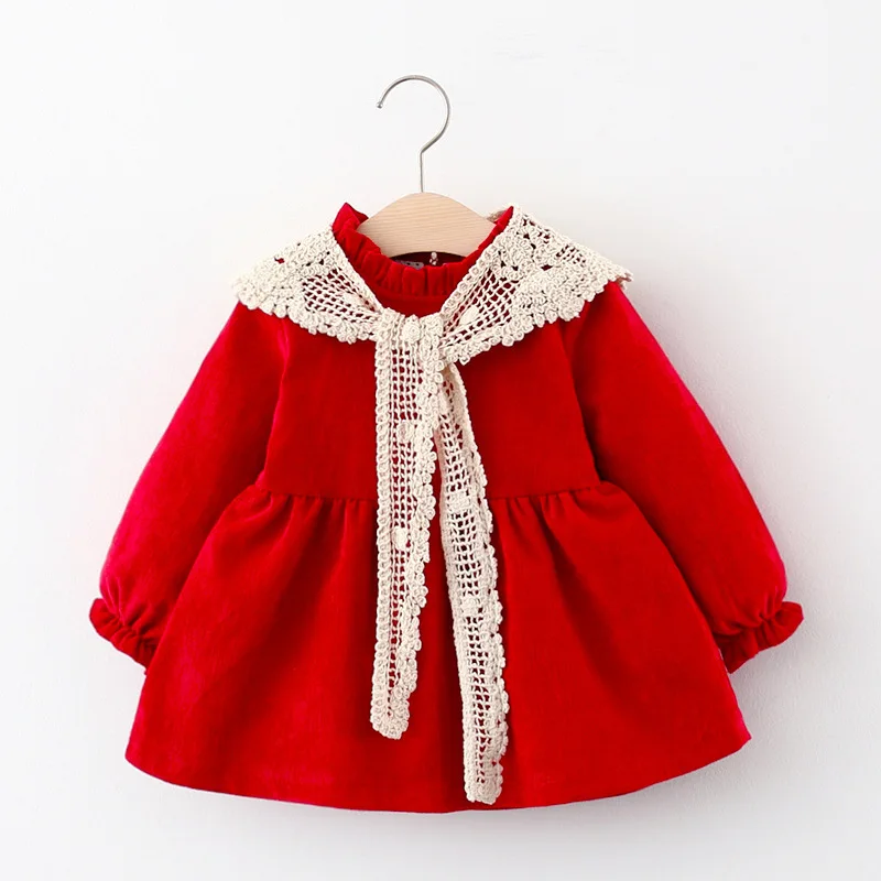 Girl Girl Dress Spring/Autumn Girl Solid Color Long Sleeve Princess Dress Cute Girl Lace Shawl One Year Old Dress