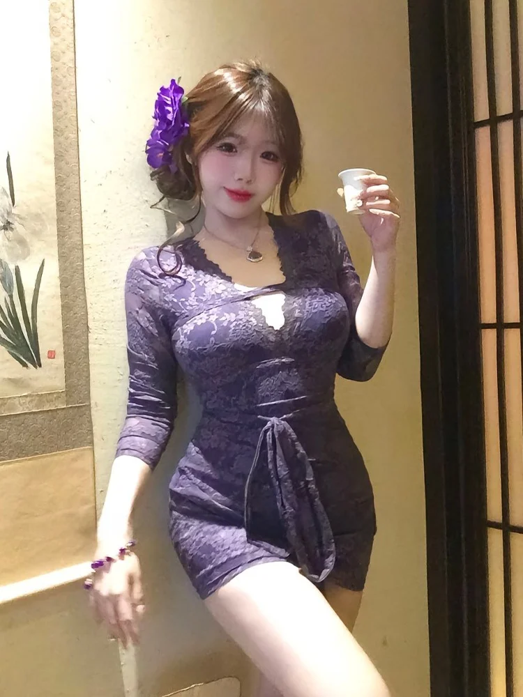 SYJ ujia Vestido sexy de encaje con lazo en la cintura, cuello en V, falda corta, adelgazante, informal para mujer, de cintura alta, con vuelo, manga larga