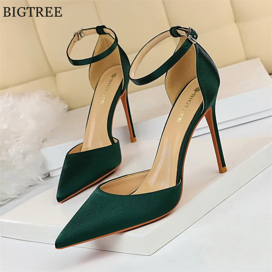 Big Size 34-43 Women Sandals 2024 Summer Solid Silk Buckle Concise High Heels Pumps Female Pointy Toe Hollow Wedding Shoes Dress