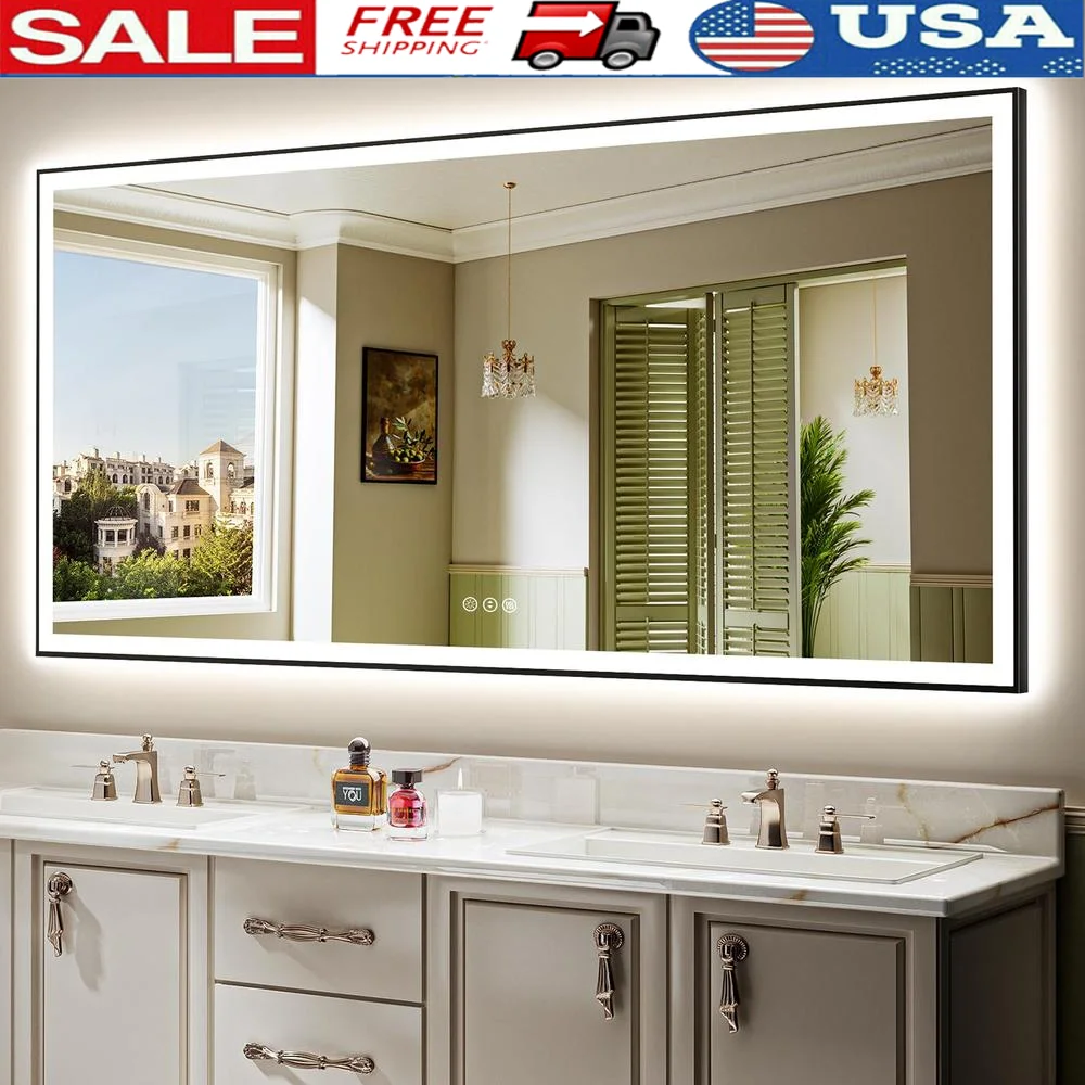 LED Bathroom Mirror 84x40 Inch Front and Backlit Black Frame Vanity Mirror Wall Mounted Dimmable Lighted Mirror Anti-Fog