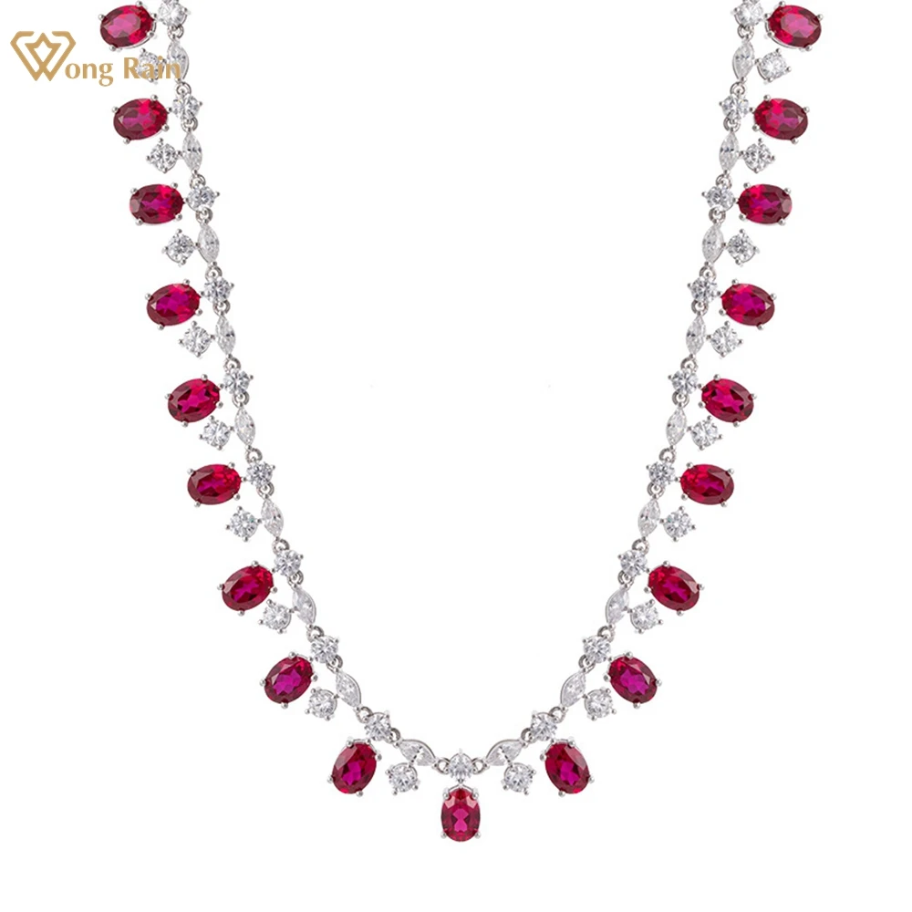 

Wong Rain Luxury 925 Sterling Silver 6*8 MM Oval Cut Ruby Real Moissanite Gemstone Women Necklace Fine Jewelry Anniversary Gifts