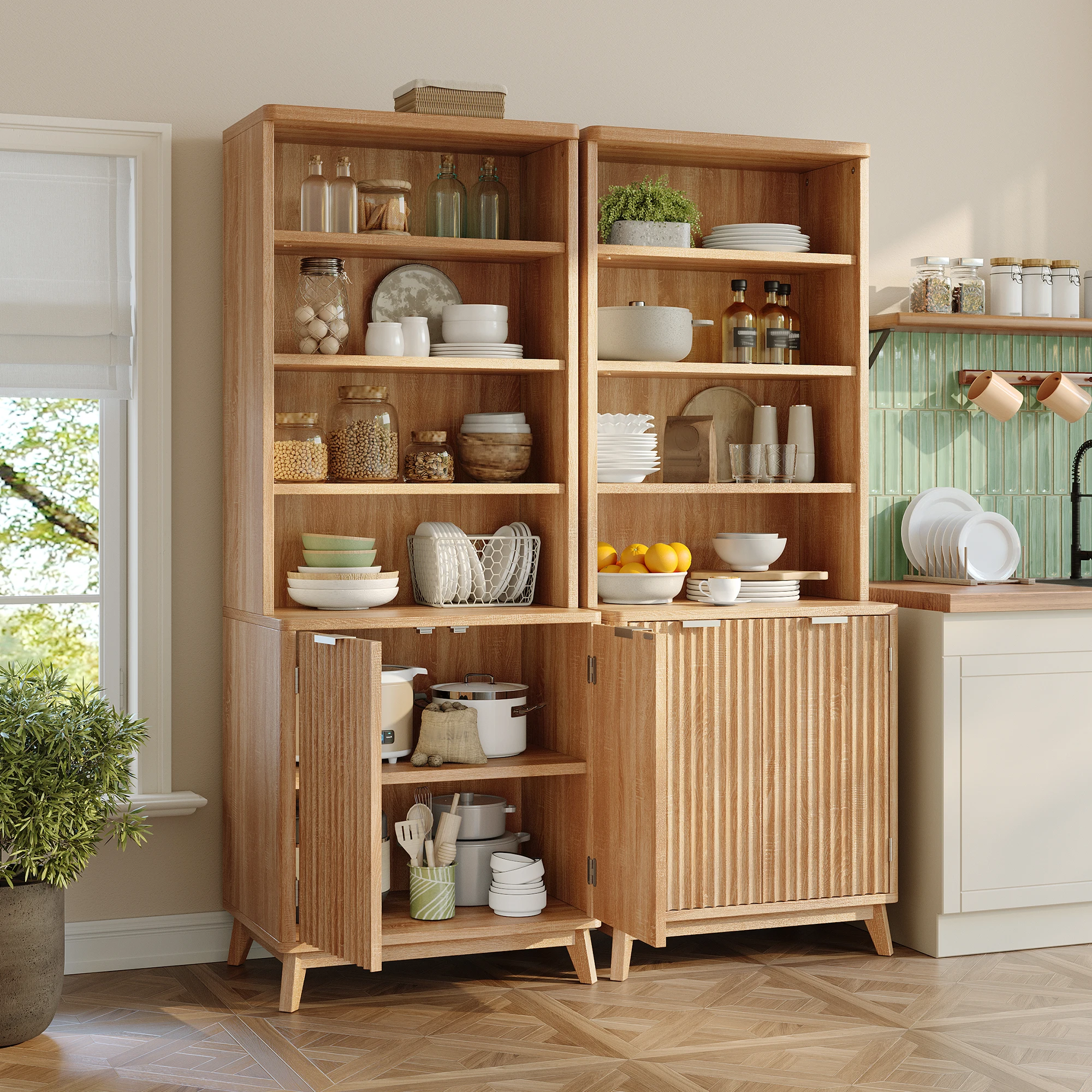 6-Tier Bookshelf, Modern Bookcase with Fluted Doors & Adjustable Shelves, Mid-Century Cabinet, Wooden Book Shelf for Home Office, Living Room, Kitchen, Walnut