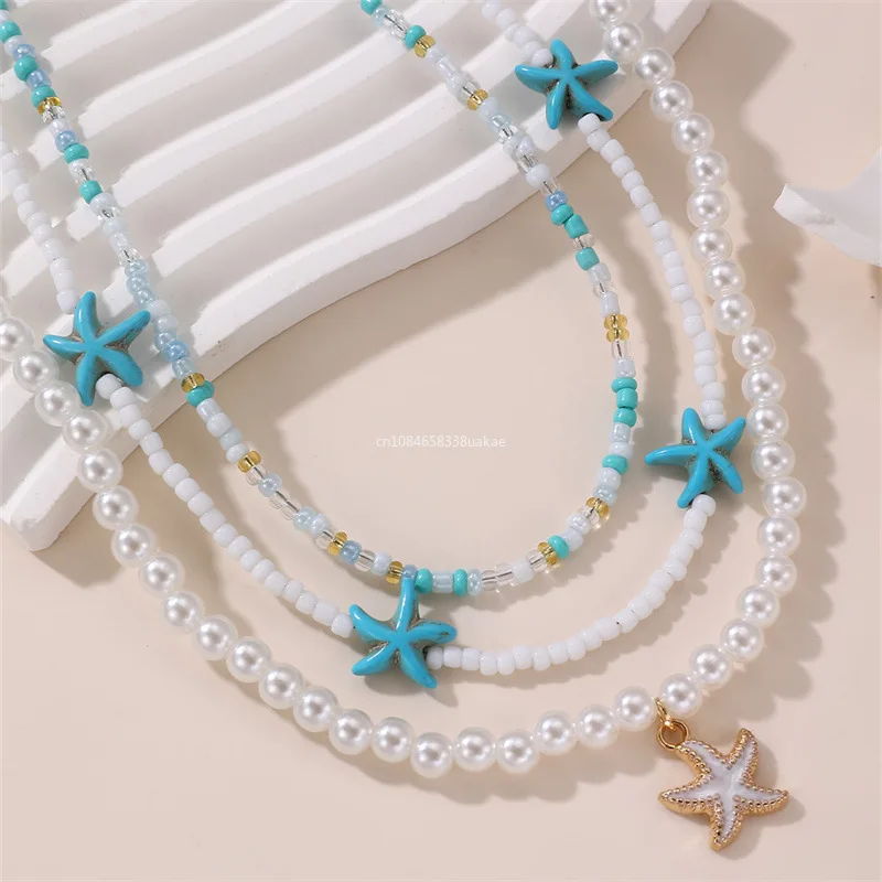 Bohemian Multilayer Rice Bead Chain Clavicle Necklace Vintage Acrylic Turtle Starfish Shell Pendant Choker Women Beach Jewelry