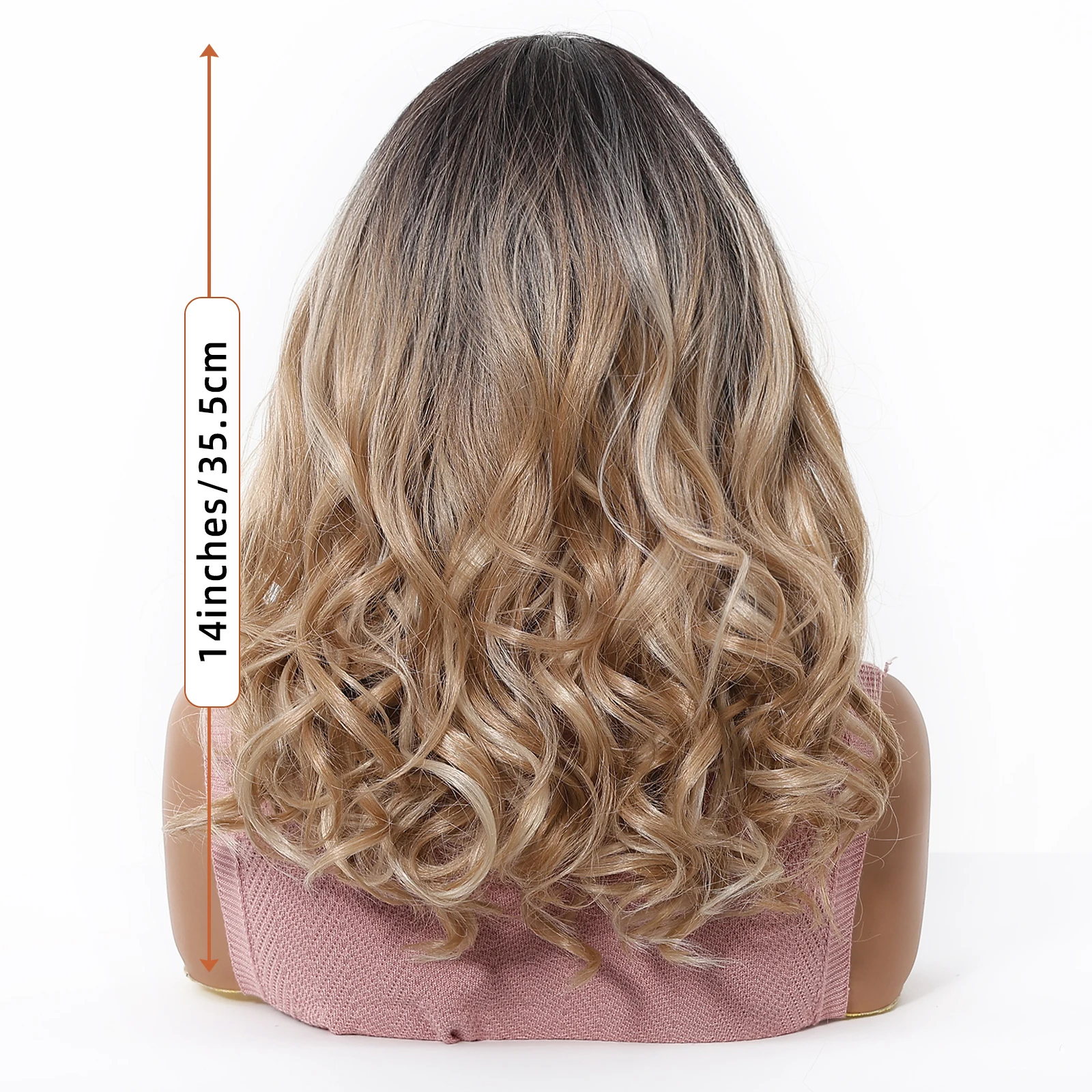 Peruki syntetyczne o średniej długości, falowane, kręcone, z przedziałkiem typu 13*6, naturalne peruki syntetyczne dla kobiet na imprezy i cosplay, 35 cm, blond peruki z ciemnymi odrostami.