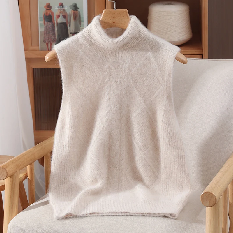 New Women 100% Mink Cashmere Sweater Turtleneck Sleeveless Pullover Vest Autumn Winter Soft Warm Casual Mink Cashmere Knitwear