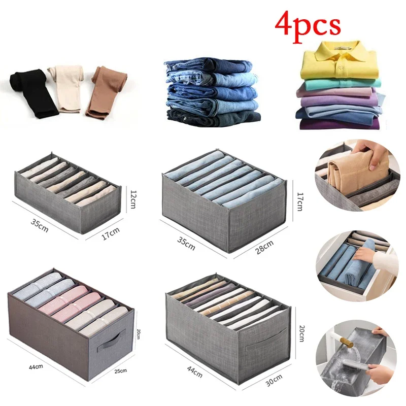 4pcs/Set Clothes Organizer Trousers Clothing Jeans Storage Box Wardrobe Closet Organization Underwear Bra Socks Compartment Box