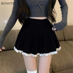 Lace Pleated Mini Skirts Women All-match Korean Style Fashion Charming Autumn Winter High Waist A-line Female Youth Simple Chic