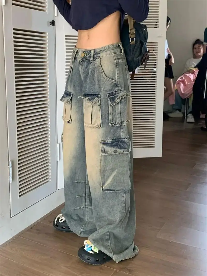 

Spring 2026 Low Waist Wide Leg Denim Pants Women's Loose Fit High Street Style Retro Workwear Multiple Pockets Slimming Long ...