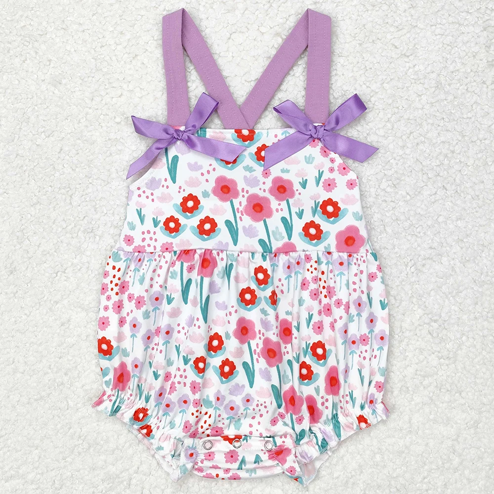 Hot Sale Kids Designer Clothes Girls Rompers Boutique Baby Infant Girls Tulips Flowers Purple Bows Rompers Toddler Girls Clothes