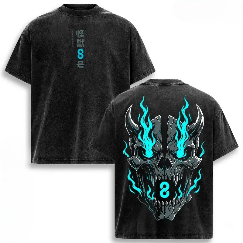 Kaiju No. 8 Manga Printed Retro T Shirt Vintage Washed Oversized T-shirt Men Women Clothing Street Fashion Cotton Tees Clothes