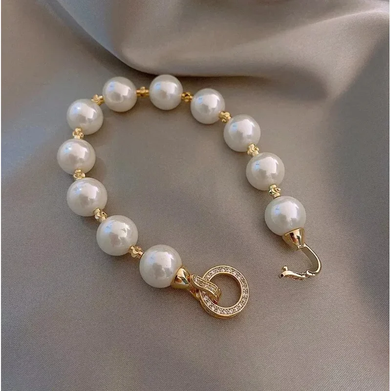 

New Jewelry Bracelet Pretty White Shell Pearl Zircon Crystal Clasp Bracelet 7.5" AAA