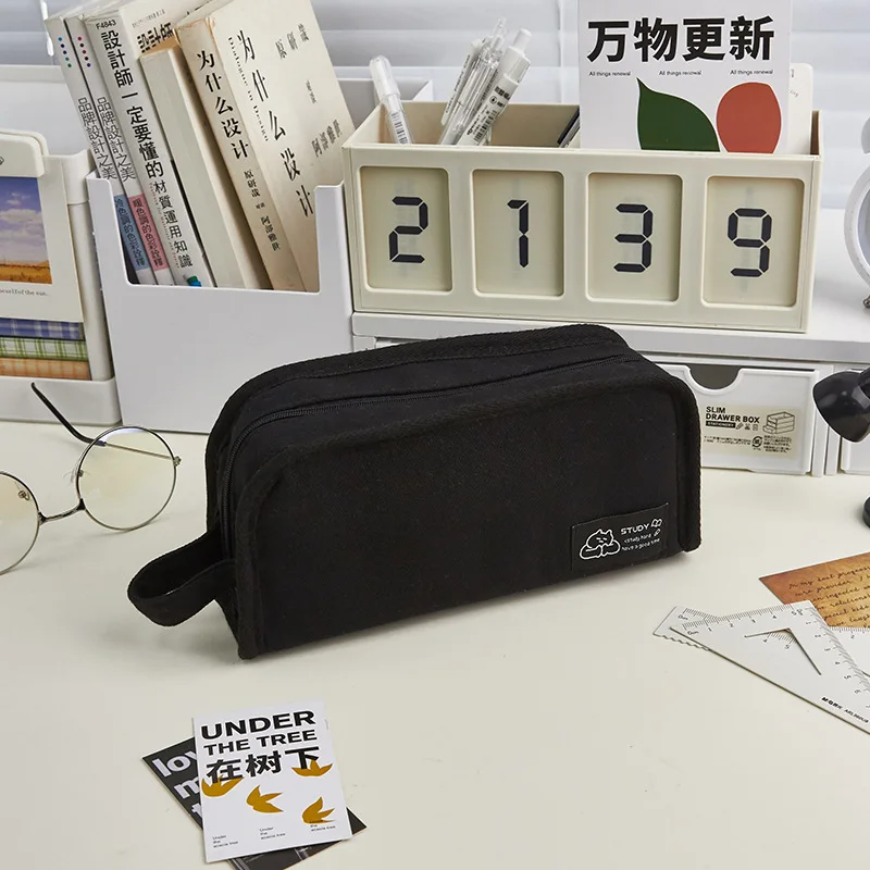 Ins Simplicity Pencil Case Solid Color White Black Canvas Pencil Bag High Capacity Stationery Storage Bag School Student Supply