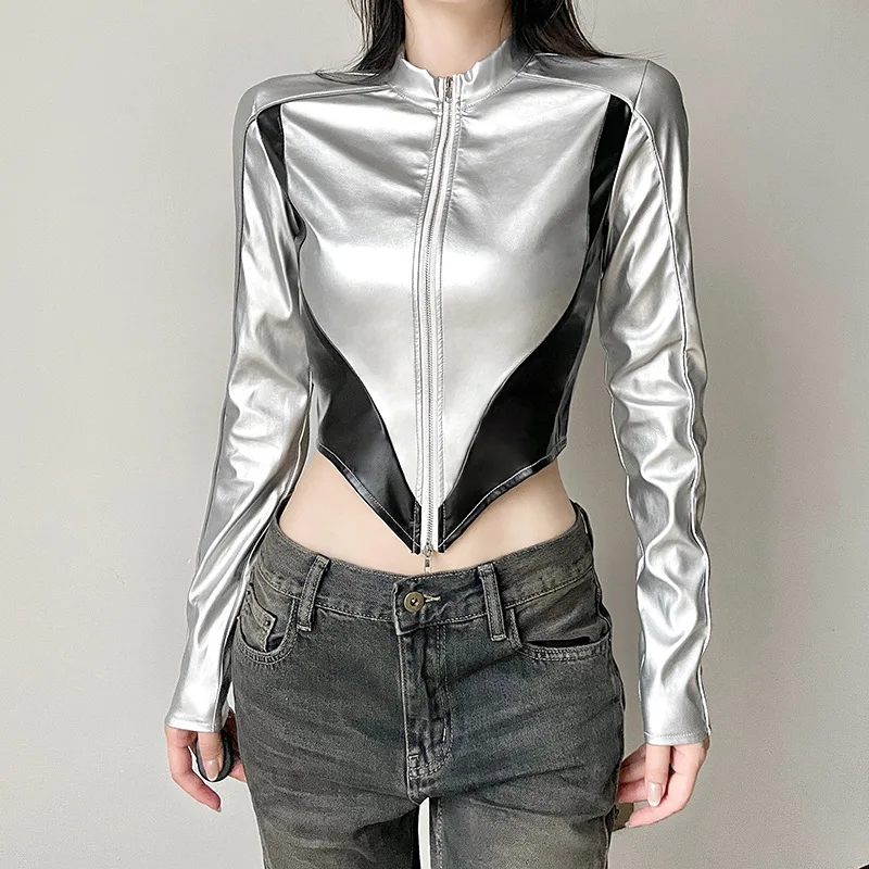 Cyber Punk Cosplay Cool Moto Biker Streetwear Patchwork Irregular Cardigan Jackets Women Y2K Zip Slim Crop Coats Alt Outfit