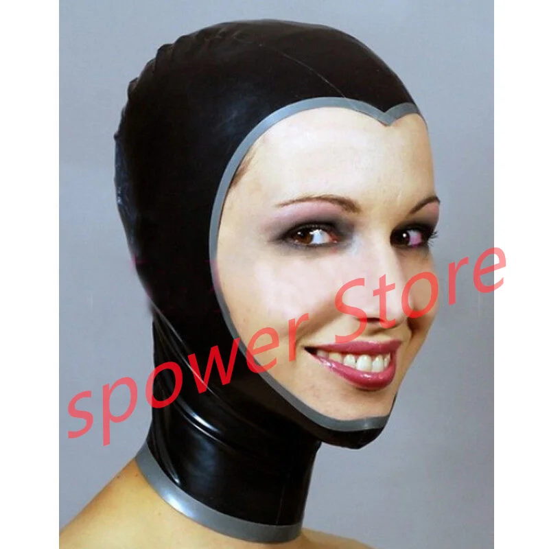 

Natural Latex Full Head Latex Hoods Rubber Mask Fetish Cosplay Costumes Black with Silver Trim Back Zip Club Wear