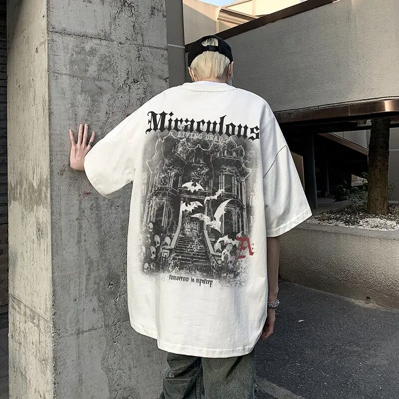 Men Vintage Dark Printed Short Sleeve T Shirt Hip Hop Unique Design Casual Loose Tee Fit Up