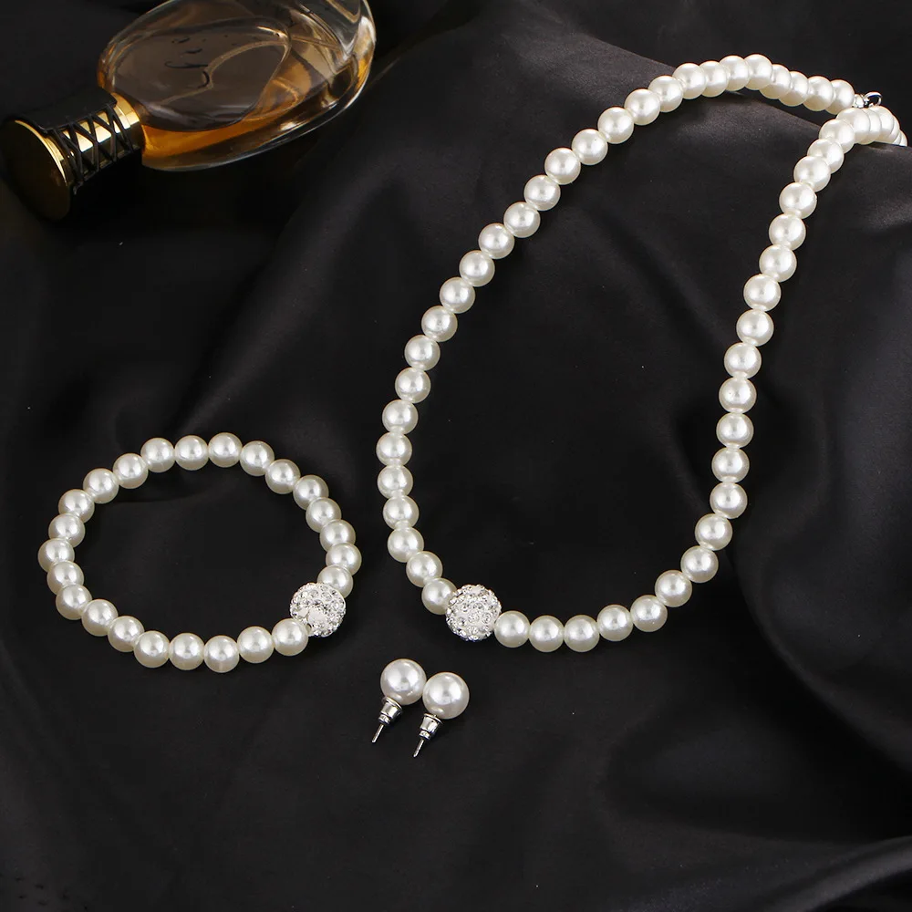 Fashion Woman Bride Wedding Pearl Jewelry Set for Women Rhinestone Faux Pearl Necklace Bracelet Earring Wedding Party Jewelry