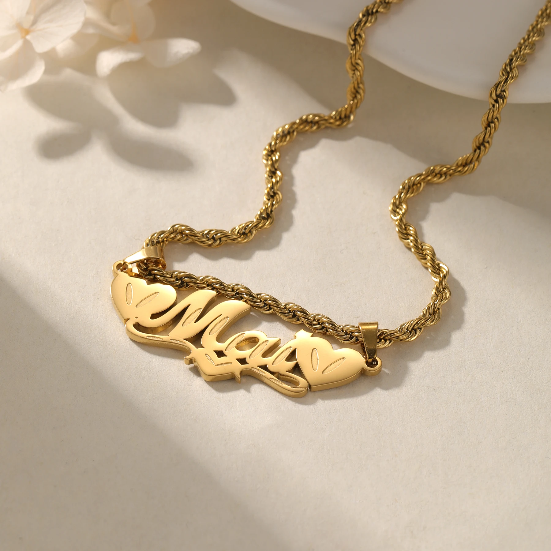 

18k Gold Plated Customized Name Necklace Rope Chain Personalized Heart Necklaces Deep Engraved Nameplate Jewelry Gift For Mother
