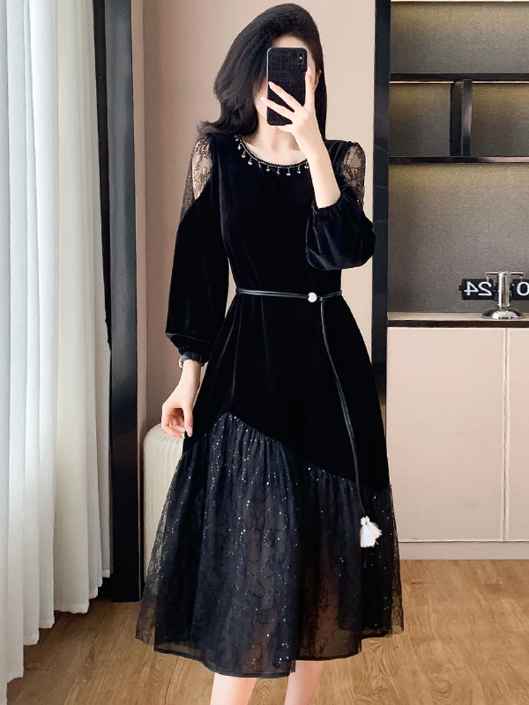 NYFS 2025 ربيع الخريف جديد كوريا المخملية فستان امرأة Vestidos رداء Elbise شبكة المرقعة فضفاض حجم كبير فساتين طويلة